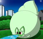  2022 ambiguous_gender belly big_belly detailed_background feral fur green_body green_fur hi_res hyper hyper_belly inflation marazi nintendo outside overweight overweight_ambiguous pok&eacute;mon pok&eacute;mon_(species) red_eyes solo spherical_inflation spitting sprigatito video_games vixenbish water_inflation 
