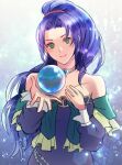  1girl bare_shoulders blue_hair breasts choker closed_mouth dress green_eyes jewelry long_hair looking_at_viewer mavelle_froessen orb ponytail purple_dress smile solo souyou26 star_ocean star_ocean_first_departure 