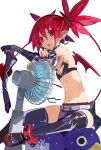  1girl black_gloves black_thighhighs commentary_request demon_girl demon_tail demon_wings disgaea duplicate earrings elbow_gloves electric_fan etna fang gloves gloves_removed highres holding holding_clothes holding_gloves hot jewelry looking_at_viewer makai_senki_disgaea miniskirt miyakawa106 open_mouth pixel-perfect_duplicate pointy_ears prinny red_eyes red_hair sitting sitting_on_person skin_fang skindentation skinny skirt skull_earrings slit_pupils solo sweat tail thighhighs twintails white_background wings 