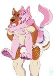  2022 4_toes absurd_res anthro biped bottlebear brown_body brown_fur canid canine canis carrying claws clothed clothing diaper digital_drawing_(artwork) digital_media_(artwork) duo feet fur hi_res male mammal one_eye_closed open_mouth pacifier piggyback pink_body pink_fur purple_eyes red_pacifier smile teeth toe_claws toes topless wolf 