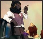  anthro black_body black_fur bodily_fluids car cigar clothed clothing dreadlocks duo electrixocket felid fur genitals gold_(metal) gold_jewelry hi_res horus_wild jewelry lion male mammal muscular muscular_male oral pantherine partially_clothed penis purple_penis saliva smoke_from_mouth topwear vehicle vest 