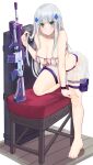  1girl assault_rifle bangs barefoot bikini blunt_bangs breasts cleavage closed_mouth collarbone facial_mark full_body girls&#039;_frontline green_eyes gun gun_case h&amp;k_hk416 hair_ornament highres hk416_(girls&#039;_frontline) holster knee_up large_breasts leaning_forward legs long_hair popoman rifle simple_background smile solo stool straight_hair swimsuit thigh_holster thigh_strap thighs weapon white_background white_hair 
