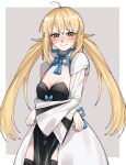  1girl ahoge artoria_caster_(fate) artoria_pendragon_(fate) blonde_hair blush breasts cleavage commission cosplay cowboy_shot embarrassed empty_eyes euhage73 fate/grand_order fate_(series) flustered green_eyes highres long_hair looking_at_viewer morgan_le_fay_(fate) morgan_le_fay_(fate)_(cosplay) nose_blush skeb_commission small_breasts smile solo sweatdrop thighhighs twintails two-tone_dress 
