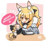  2girls animal_ears arknights armor aunt_and_niece black_bow black_gloves black_headwear black_pantyhose blemishine_(arknights) blonde_hair border bow cake cape chibi closed_eyes dog-san fang food fur-trimmed_armor garrison_cap gloves hair_bow happy_birthday hat horse_ears horse_girl horse_tail long_sleeves minigirl multiple_girls open_mouth outline pantyhose pink_background ponytail simple_background tail thick_eyebrows u_u whislash_(arknights) white_border white_cape white_outline yellow_eyes 