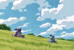  blue_sky claws closed_eyes closed_mouth cloud day fangs grass highres horns hyogonosuke leaf nidoking nidoqueen no_humans open_mouth outdoors pokemon pokemon_(creature) single_horn sitting sky sleeping sleeping_upright solo spikes tail 