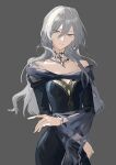  absurdres alternate_costume bare_shoulders collarbone dress earrings genderswap genderswap_(mtf) grey_eyes grey_hair hair_between_eyes highres idolish_7 jewelry long_hair long_sleeves looking_at_viewer necklace off-shoulder_dress off_shoulder see-through semi-transparent single_earring smile upper_body wavy_hair wide_sleeves yhsg666 yuki_(idolish_7) 