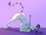  2022 anthro ass_up bandai_namco blue_eyes breasts computer_mouse digimon digimon_(species) felid feline female front_view full-length_portrait gatomon mammal nude pink_background portrait simple_background solo tggeko whiskers white_body 