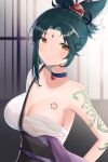  1girl absurdres alternate_costume alternate_hairstyle arm_tattoo armpits bangs blurry breasts chest_tattoo choker cleavage collarbone commentary_request cosplay depth_of_field facial_mark forehead forehead_mark genderswap genderswap_(mtf) genshin_impact green_hair hadanugi_dousa hair_ornament hand_on_hip highres long_hair looking_at_viewer obi orange_eyes parted_bangs ponytail sarashi sash shi_zhuzi_da shouji sidelocks sliding_doors solo tattoo xiao_(genshin_impact) yoimiya_(genshin_impact) yoimiya_(genshin_impact)_(cosplay) 