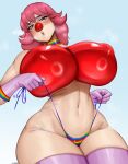  1girl absurdres ace_attorney alternate_breast_size breasts choker clown clown_nose covered_nipples geiru_toneido gloves highres huge_breasts looking_at_viewer medium_hair mili_leona_orochi phoenix_wright:_ace_attorney_-_spirit_of_justice pink_gloves pink_hair rainbow_choker rainbow_print simple_background standing thighhighs thong undressing 