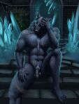  2022 abs anthro balls black_nipples black_penis blaidd_(elden_ring) canid canine canis claws crystal elden_ring flaccid fromsoftware fur genitals grey_body grey_fur hi_res humanoid_genitalia humanoid_penis looking_at_viewer male mammal muscular muscular_anthro muscular_male nipples pecs penis plantigrade sitting solo stairs toe_claws video_games vilgoser wolf 