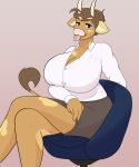  2021 anthro bedroom_eyes big_breasts bottomwear bovid bovine breasts brown_body brown_eyes brown_fur brown_hair cattle chair cleavage clothed clothing clothing_lift crossed_legs digital_media_(artwork) eyelashes female fur furniture hair hair_bun huge_breasts looking_at_viewer mammal molly_(slightlysimian) narrowed_eyes open_clothing open_shirt open_topwear seductive shirt sitting skirt skirt_lift smile smiling_at_viewer solo spots spotted_body tongue tongue_out topwear unbuttoned vestalysis 