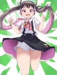  1girl :d absurdres bakemonogatari bangs bare_legs black_skirt brown_hair fang green_background green_bracelet hachikuji_mayoi hairband highres horamoon jumping long_hair looking_at_viewer monogatari_(series) multicolored_hair open_mouth pink_hair purple_eyes red_ribbon ribbon shirt shirt_tucked_in short_sleeves skin_fang skirt smile solo star_pin sunburst sunburst_background suspender_skirt suspenders thighhighs twintails two-tone_hair very_long_hair white_background white_hairband white_shirt 