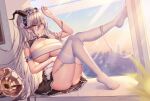  1girl :o absurdres aegir_(azur_lane) azur_lane bangs blush breasts cleavage commentary_request full_body garter_straps grey_hair hand_up highres horns indoors large_breasts leg_up long_hair looking_at_viewer maid_headdress multicolored_hair parted_lips red_hair sitting solo streaked_hair sugi_(far-) thighhighs thighs underboob white_thighhighs window yellow_eyes 