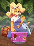  activision anthro clockweiz clothing coco_bandicoot computer crash_bandicoot_(series) crate duo eating eyewear food fruit fur goggles hi_res laptop overalls plant polar_(character) video_games wumpa_fruit 