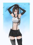  1girl armpits arms_up bandaid bandaid_on_cheek bandaid_on_face black_hair black_skirt black_thighhighs breasts brown_hair closed_mouth cowboy_shot crop_top detached_sleeves final_fantasy final_fantasy_vii final_fantasy_vii_remake highres large_breasts long_hair looking_at_viewer mercy_(myrrcy) midriff navel ponytail red_eyes skirt solo standing suspender_skirt suspenders tank_top thighhighs tifa_lockhart white_tank_top zettai_ryouiki 