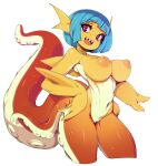  1girl :d absurdres blue_hair breasts colored_skin commentary completely_nude english_commentary hand_on_hip head_fins highres inverted_nipples large_breasts looking_at_viewer monster_girl navel nude orange_skin original purple_eyes sharp_teeth short_hair simple_background slugbox smile sweat tail teeth tentacles white_background 