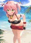  1girl absurdres ahoge amayo_(amayo000) beach bell black_choker black_halter_top blush breasts choker cleavage clothes_pull green_eyes highres hololive large_breasts leaning_forward looking_at_viewer medium_hair pink_hair pulled_by_self sakura_miko short_shorts shorts shorts_pull side-tie_shorts solo virtual_youtuber water 