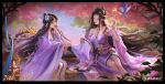  2girls absurdres bird birdcage breasts cage character_request desert dress flower flying hair_flower hair_ornament highres large_breasts legend_of_the_three_kingdoms long_hair looking_down multiple_girls plate purple_dress railing sash sitting string yiqian_zhang 