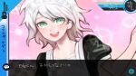  1boy :d alternate_costume apron bangs black_dress blush brown_background brown_eyes collarbone commentary_request crossdressing danganronpa_(series) danganronpa_2:_goodbye_despair dress enmaided fake_screenshot grey_hair heart komaeda_nagito maid maid_headdress male_focus multicolored_background open_mouth pink_background puffy_short_sleeves puffy_sleeves shimoneta short_sleeves smile solo sparkle teeth translation_request upper_teeth white_apron 