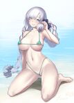  1girl anastasia_(fate) anastasia_(swimsuit_archer)_(fate) areola_slip bangs bare_shoulders beach bikini blue_eyes blush bosshi bow braid breasts collarbone covered_nipples fate/grand_order fate_(series) green_bikini grin hair_bow hair_over_one_eye highres large_breasts long_hair looking_at_viewer micro_bikini navel shore sitting smile solo swimsuit twin_braids very_long_hair wariza wet white_hair 