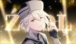  1boy bishounen blonde_hair blurry blurry_background dorandoran fingerless_gloves floating_hair gloves glowing hair_between_eyes hat highres idolish_7 looking_at_viewer natsume_minami red_eyes short_hair solo upper_body 