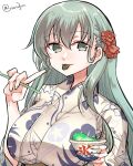  :p alternate_costume aqua_eyes aqua_hair bowl breasts cup disposable_cup eating floral_print flower food hair_between_eyes hair_flower hair_ornament hairclip highres holding holding_bowl holding_food holding_spoon japanese_clothes kantai_collection kimono large_breasts long_hair looking_at_viewer matsunaga_(haku) obi sash shaved_ice simple_background smile spoon spoon_straw suzuya_(kancolle) tongue tongue_out twitter_username upper_body white_background wide_sleeves yukata 