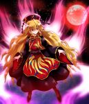  1girl absurdres ahoge bangs blonde_hair closed_mouth commentary_request energy eyes_visible_through_hair hair_between_eyes hands_up highres junko_(touhou) kazakome legacy_of_lunatic_kingdom long_hair long_sleeves looking_to_the_side red_eyes solo standing touhou wide_sleeves 