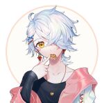  1other absurdres androgynous black_shirt earrings forever_7th_capital hair_ornament hairclip head_tilt heart heart_necklace highres jacket jewelry long_sleeves looking_at_viewer lumeru_33 mouth_hold necklace off_shoulder shirt solo upper_body white_hair x_hair_ornament yellow_eyes 