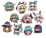  ! 1boy 6+girls ;d ? alice_(black_souls) anger_vein animal_ear_hood animal_ears aqua_eyes bill_(black_souls) black_souls blonde_hair blue_eyes blue_hair bow bowtie breasts bright_pupils chibi cleavage clenched_teeth clock clock_necklace cross-shaped_pupils crossed_arms dorothy_(black_souls) fake_halo fur-trimmed_hood fur_trim gradient_hair green_eyes green_hair green_hairband green_tail grey_hair grin hair_between_eyes hair_bow hairband halo hat heart heart-shaped_pupils highres holding holding_microphone hood hood_up horns horse_ears horse_girl koshou_shou_mitsu leaf_(black_souls) light_blue_hair lingeriena_(black_souls) lizard_tail long_hair mabel_(black_souls) maid_headdress microphone multicolored_hair multiple_girls node_(black_souls) one_eye_closed orange_hair own_hands_together pince-nez pink_hair pointy_ears prickett_(black_souls) purple_hair purple_hairband purple_headwear rabbit_ears rabbit_girl red_bow red_bowtie red_eyes red_hood_(black_souls) sharp_teeth short_hair simple_background single_horn smile sweatdrop symbol-shaped_pupils tail tears teeth thumbs_up unicorn_girl unis_(black_souls) v-shaped_eyebrows white_background white_pupils witch_hat x_navel yellow_eyes yellow_horns 