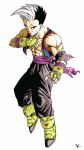  1boy abs biceps black_hair black_pants blue_vest boots character_request dragon_ball fingerless_gloves full_body gloves green_footwear green_gloves highres initial kakeru_(dbskakeru) looking_at_viewer multicolored_hair muscular muscular_male official_style open_clothes open_vest pants purple_sash sash scar scar_on_face short_hair simple_background sleeveless solo toriyama_akira_(style) two-tone_hair vest white_background white_hair 