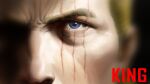  1boy absurdres blonde_hair blue_eyes character_name chinese_commentary close-up commentary_request english_commentary eugcevvo highres king_(one-punch_man) looking_at_viewer male_focus mixed-language_commentary one-punch_man realistic scar scar_across_eye scar_on_face solo 