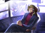  1boy artist_request black_jacket black_pants blonde_hair blue_eyes code_geass code_geass:_genesic_re;code crossed_legs diethard_ried earpiece jacket looking_at_viewer male_focus official_art pants purple_sweater screen smile smug solo sweater turtleneck turtleneck_sweater v-shaped_eyebrows zero_(code_geass) 