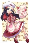  1girl alcremie alcremie_(strawberry_sweet) apron artist_name black_eyes black_hair box closed_mouth dawn_(palentine&#039;s_2021)_(pokemon) dawn_(pokemon) dress food-themed_hair_ornament hair_ornament hairclip hat heart heart-shaped_box heart_background highres holding holding_box long_hair mittens official_alternate_costume oven_mitts pokemon pokemon_(creature) pokemon_masters_ex puffy_short_sleeves puffy_sleeves red_dress short_sleeves smile strawberry_hair_ornament valentine white_headwear yukari_(yukari21653710) 