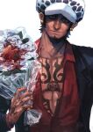  1boy attyattlaw black_hair black_jacket blood blood_on_face bouquet chest_tattoo earrings facial_hair flower goatee grey_eyes hand_tattoo happy_valentine heart_(organ) highres holding holding_bouquet jacket jewelry looking_at_viewer male_focus muscular muscular_male one_piece open_clothes red_shirt shirt short_hair solo tattoo trafalgar_law upper_body white_flower white_headwear 