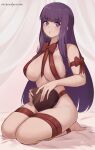  1girl bare_shoulders blunt_bangs blush breasts candy chocolate fern_(sousou_no_frieren) food heart heart-shaped_chocolate highres hioyami large_breasts long_hair looking_at_viewer naked_ribbon purple_eyes purple_hair red_ribbon ribbon seiza sidelocks sitting solo sousou_no_frieren valentine 