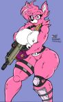 anthro assault_rifle bear big_breasts breasts cuddle_team_leader epic_games female fortnite gun hi_res holding_gun holding_object holding_weapon mammal pink_eyes ranged_weapon rifle shin_guards solo tongue tongue_out weapon zhengfox