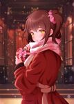  1girl absurdres blush box brown_hair coat gift gift_box hair_ornament hair_scrunchie heart-shaped_box highres holding holding_box idolmaster idolmaster_million_live! kasuga_mirai looking_at_viewer looking_to_the_side one_side_up outdoors pink_scarf raby_vivid red_coat scarf scrunchie solo valentine yellow_eyes 