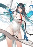  1girl absurdres arknights black_hair blue_hair blush breasts china_dress chinese_clothes chinese_commentary cleavage_cutout clothing_cutout colored_skin commentary_request d._joko dragon dragon_girl dragon_horns dragon_tail dress dusk_(arknights) earrings flame-tipped_tail floating_hair hair_over_one_eye hair_spread_out highres holding holding_brush horns jewelry large_breasts long_hair looking_at_viewer multicolored_hair necktie open_mouth panties pointy_ears red_eyes red_necktie solo streaked_hair tail tassel tassel_earrings underwear variant_set white_dress white_panties 