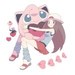  1girl agt_bp balloon bewear brown_eyes brown_hair closed_mouth hat heart highres holding holding_balloon holding_pokemon jigglypuff leaf_(pokemon) long_hair loose_socks luvdisc pokemon pokemon_(creature) pokemon_frlg porkpie_hat red_skirt shirt skirt sleeveless sleeveless_shirt smile socks white_background white_headwear wristband 