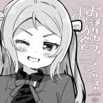  1girl birthday blush chibi commentary dated greyscale grin long_hair looking_at_viewer love_live! love_live!_nijigasaki_high_school_idol_club lowres mezashi_(mezamashi_set) monochrome nijigasaki_academy_school_uniform one_eye_closed school_uniform sidelocks signature smile solo translation_request two_side_up upper_body zhong_lanzhu 