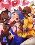  4girls :3 absurdres baggy_pants black_hair blonde_hair blue_hair cephalopod_eyes chest_sarashi chocolate colored_skin colored_tongue crop_top dark-skinned_female dark_skin fangs frye_(splatoon) gradient_skin hair_over_one_eye harem highres hug leyko licking lipstick_mark lipstick_mark_on_face long_pointy_ears multicolored_skin multiple_girls multiple_persona official_alternate_costume open_mouth orange_hair pants pointy_ears purple_tongue red_eyes sarashi shawl shiver_(splatoon) splatoon_(series) splatoon_3 yellow_lips yellow_shawl 