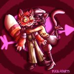 &lt;3 2023 anthro arrow_through_heart blush blushing_profusely bottomwear bow_tie brown_body brown_clothing brown_footwear brown_fur brown_hair brown_shoes calvin_mcmurray canon_couple claws clothed clothing cuddling digital_drawing_(artwork) digital_media_(artwork) domestic_cat duo embrace eyes_closed felid feline felis female fluffy fluffy_tail footwear fully_clothed fur green_bottomwear green_clothing green_pants hair happy hat headgear headwear hi_res hug ivy_pepper lackadaisy love male mammal orange_body orange_fur p1x3l-h3arts pants romantic romantic_ambiance shirt shoes smile standing tail topwear webcomic whiskers yellow_clothing yellow_shirt yellow_topwear