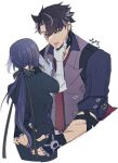  1boy 1girl after_kiss black_corset black_gloves black_hair black_ribbon black_shirt black_skirt blue_hair blue_shirt clorinde_(genshin_impact) collared_shirt corset finger_to_another&#039;s_mouth fingerless_gloves genshin_impact gloves grey_hair grey_vest hair_ribbon hand_on_another&#039;s_ass hetero highres lipstick_mark long_hair low_ponytail mizuchi_kai multicolored_hair necktie red_necktie ribbon shirt skirt smile streaked_hair very_long_hair vest white_background wriothesley_(genshin_impact) 