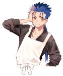  1boy apron black_jacket blue_hair blush cropped_torso cu_chulainn_(fate) cu_chulainn_(fate/stay_night) earrings emiya-san_chi_no_kyou_no_gohan fate/stay_night fate_(series) grin highres jacket jewelry long_sleeves looking_at_viewer male_focus omae_(pixiv_1668034) red_eyes simple_background smile solo upper_body white_apron white_background 