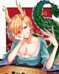  1girl blonde_hair blue_shirt breasts chinese_chess chinese_commentary cleavage collarbone commentary_request dated dragon_tail film_grain grin hand_up head_on_hand heng_(heng798616) highres kicchou_yachie large_breasts red_eyes shirt short_hair slit_pupils smile solo tail touhou two-sided_fabric two-sided_sleeves wide_sleeves 