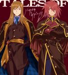  2boys absurdres belt brown_hair cape closed_mouth commentary_request crossed_arms english_text glasses gloves highres jade_curtiss kratos_aurion long_hair male_focus multiple_boys necktie one_eye_closed red_eyes red_hair roku_(gansuns) smile spiked_hair suit tales_of_(series) tales_of_symphonia tales_of_the_abyss uniform 