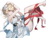  1girl blonde_hair breasts cleavage commentary_request dress flower genshin_impact hair_flower hair_ornament highres looking_at_viewer lumine_(genshin_impact) red_ribbon ribbon short_hair simple_background sleeveless sleeveless_dress small_breasts solo thighs umenoume white_background white_dress white_flower yellow_eyes 