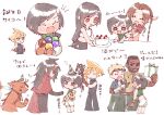  3girls 6+boys aerith_gainsborough anger_vein animal ball barret_wallace beard black_fur black_gloves black_hair black_pants black_skirt blonde_hair blue_eyes blue_jacket blue_shirt blush bottle box braid braided_ponytail brown_gloves brown_hair cait_sith_(ff7) cake chibi cid_highwind cloak closed_eyes cloud_strife crop_top crown dark-skinned_male dark_skin facial_hair feather_hair_ornament feathers final_fantasy final_fantasy_vii fingerless_gloves food gift gift_box gloves goggles goggles_on_head green_pants green_shirt grey_shorts hair_ornament hair_ribbon hair_tie hands_on_own_hips hat headband holding holding_ball holding_bottle holding_box holding_cake holding_food holding_gift jacket long_hair low-tied_long_hair materia midriff mini_crown multiple_boys multiple_girls multiple_views nitoya_00630a open_mouth orange_fur orange_gloves pants party party_hat pink_ribbon red_cloak red_eyes red_headband red_xiii ribbon sash scar scar_across_eye shirt short_hair shorts single_braid skirt sleeveless sleeveless_shirt sleeveless_turtleneck smile spiked_hair stubble sweatdrop tifa_lockhart turtleneck two-tone_fur v-shaped_eyebrows very_short_hair vincent_valentine white_background white_fur white_shirt yuffie_kisaragi 