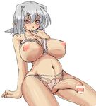  arm_support blush breastless_clothes breasts brown_eyes censored crotchless_panties dark_skin elf futanari huge_breasts lute_(apocalypselibrary) nipples open_mouth original panties penis pointy_ears pussy short_hair silver_hair solo underwear 