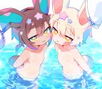  2boys absurdres animal_ears blush_stickers brown_hair cheek-to-cheek collarbone commentary commission dripping hair_between_eyes hair_ornament half-closed_eyes heads_together highres male_focus male_swimwear multiple_boys original partially_submerged pool rabbit_ears rabbit_tail ripples short_hair star-shaped_pupils star_(symbol) star_hair_ornament swimsuit symbol-shaped_pupils tail thick_thighs thighs topless_male uenomigi water wet white_hair yellow_eyes 